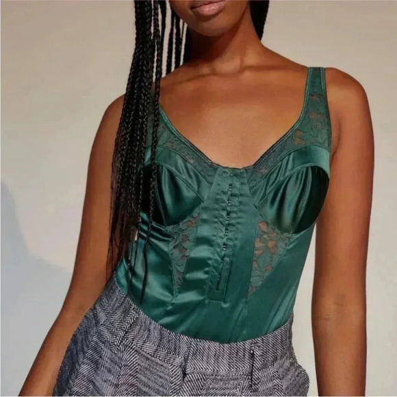 Urban Outfitters Green Satin & Lace Corset Bustier Bodysuit Out from Under Sz XS - Picture 2 of 10